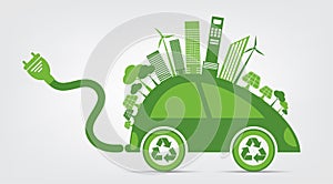 Ecology and Environmental Cityscape Concept,Car Symbol With Green Leaves Around Cities Help The World With Eco-Friendly Ideas