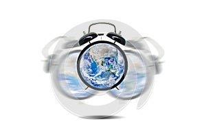 Ecology and Environmental Concept : Blue planet earth globe alarm clock alerting and warning for environment. photo