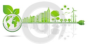 Ecology and Environmental Concept,Earth Symbol With Green Leaves Around Cities Help The World With Eco-Friendly Ideas