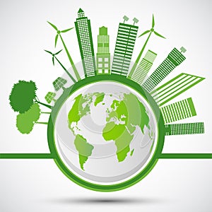 Ecology and Environmental Concept,Earth Symbol With Green Leaves Around Cities Help The World With Eco-Friendly Ideas,Vector