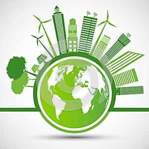 Ecology and Environmental Concept,Earth Symbol With Green Leaves Around Cities Help The World With Eco-Friendly Ideas,Vector