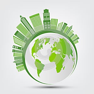 Ecology and Environmental Concept,Earth Symbol With Green Leaves Around Cities Help The World With Eco-Friendly Ideas,Vector photo