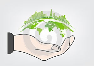 Ecology and Environmental Concept,Earth Symbol With Green Leaves Around Cities Help The World With Eco-Friendly Ideas,Vector