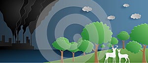 Ecology and environmental pollution concept. Landscape with factory and deer in forest in paper cut style. Vector illustration for