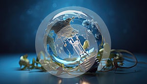 Ecology and environmental protection. Earth Globe. Blue Eco Light Bulb