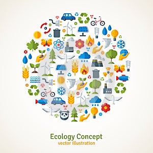 Ecology flat icons arranged in circle. Vector
