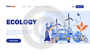 Ecology flat landing page template with header. Environment protection web banner, homepage design. Alternative energy source,