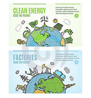 Ecology Flyer Clean Energy and Factories Banner Posters Card Set. Vector