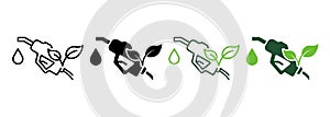 Ecology Gas Station Line and Silhouette Icon Color Set. Fuel Nozzle Eco Power for Transportation Pictogram. Petroleum