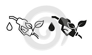 Ecology Gas Station Line and Silhouette Icon Set. Fuel Nozzle Eco Power for Transportation Pictogram. Petroleum Energy