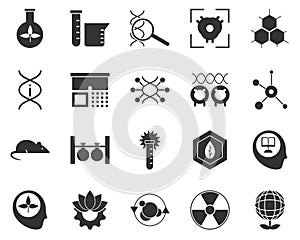 Ecology, globe, plant. Bioengineering glyph icons set. Biotechnology for health, researching, materials creating. Molecular