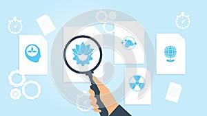 Ecology, globe, plant file, document research vector illustration. Document with search icons. File and magnifying glass.