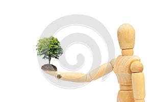 Wooden figure toy holding and giving green tree isolated on white background.