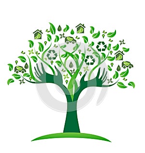 Ecology green icons tree with hands logo vector