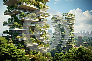 Ecology and green living in city, urban environment concept. Modern building covered green plant