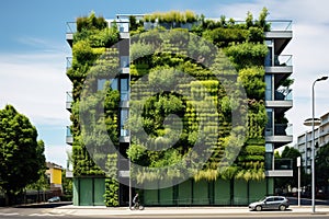 Ecology and green living in city, urban environment concept. Modern building covered green plant