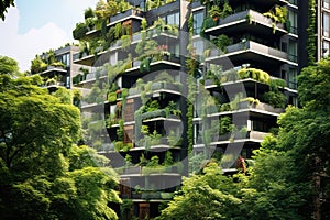 Ecology and green living in city, urban environment concept. Modern building covered green plant
