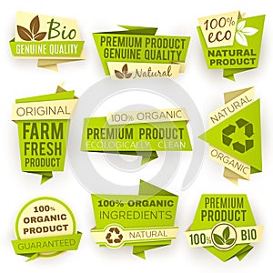 Ecology green origami paper banners. Eco natural organic product sale tags and badges vector set