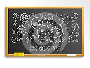 Ecology hand draw integrated icons set on school blackboard