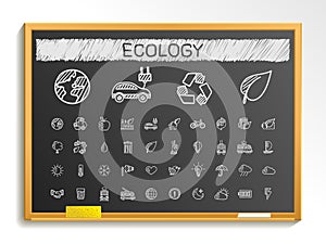 Ecology hand drawing line icons. chalk sketch sign illustration on blackboard photo