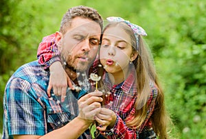 Ecology. Happy family day. little girl and happy man dad. earth day. spring village country. family summer farm