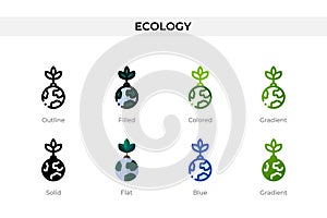 Ecology icon in different style. Ecology vector icons designed in outline, solid, colored, filled, gradient, and flat style.