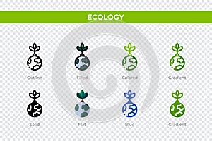 Ecology icon in different style. Ecology vector icons designed in outline, solid, colored, filled, gradient, and flat style.