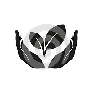 Ecology icon. Hands protect the leaves. Simple vector illustration on a white background