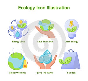Ecology icon set collection energy cycle save earth clean energy global warming save water eco bag white isolated