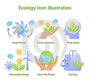 Ecology icon set collection hydro power nature resource think green renewable energy save planet eco bag white isolated