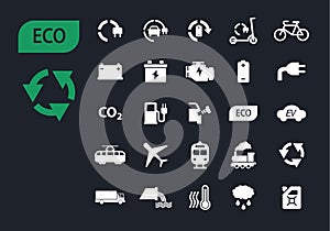 Ecology icon set with green electric transport, eco technology, renewable energy, environment pollution, ecological
