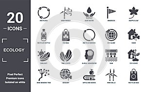 ecology icon set. include creative elements as recycling, mapple leaf, eco globe, global awareness, ecology, sunlight filled icons