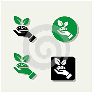 Ecology icons set hand holding earth with tree