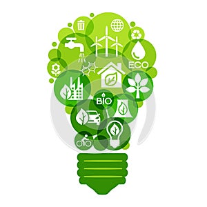 Ecology Infographics design elements. Template bulb with eco icons. Climate strategy background