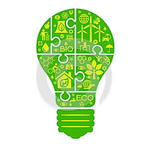 Ecology Infographics design elements. Template bulb with eco icons. Climate strategy background