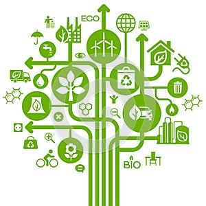 Ecology Infographics design elements. Template tree with eco icons. Climate strategy background