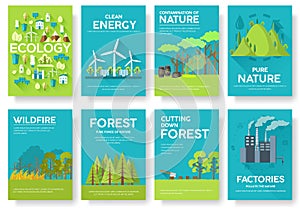 Ecology information cards set. Ecological template of flyear, magazines, posters, book cover, banners. Eco infographic