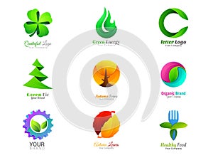 Ecology leaves and symbols Leaf abstract logo template green 3d volume icons. Creative sign. Set vector illustration
