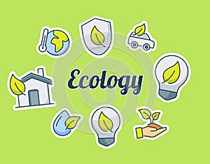 Ecology lettering around icons package green isolated background with modern flat color cartoon style