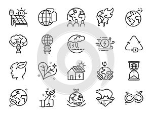 Ecology line icon set. Included icons as eco product, clean energy, renewable power, recycle, reusable, go green and more.