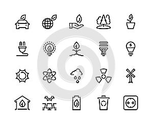 Ecology line icons. Eco nature green environment green water solar wind energy earth climate waste recycle