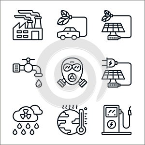 ecology line icons. linear set. quality vector line set such as eco fuel, global warming, acid rain, solar energy, gas mask,