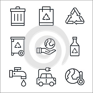 Ecology line icons. linear set. quality vector line set such as global warming, electric car, water, bottle, lifesaver, trash bin