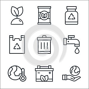 Ecology line icons. linear set. quality vector line set such as lifesaver, battery, global warming, water, trash bin, bag, bottle