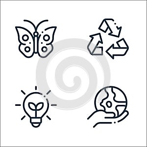 Ecology line icons. linear set. quality vector line set such as save the planet, light bulb, recycling