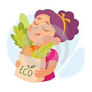 Ecology with Little Girl Character Carry Reusable Shopping Bag Enjoy Sustainable Lifestyle Vector Illustration
