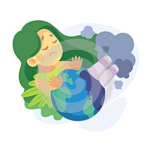 Ecology with Little Girl Character Protect Planet Earth from Factory Pollution and Smoke Vector Illustration