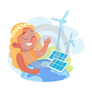 Ecology with Little Girl Character with Windmill and Solar Panel Enjoy Sustainable Lifestyle Vector Illustration