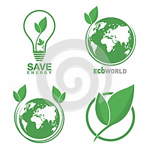 Ecology logo set. Eco world, green leaf, energy saving lamp symbol. Eco friendly concept for company logo