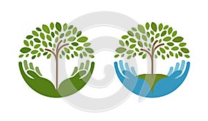 Ecology, natural environment vector logo. Tree, gardening or farming icons